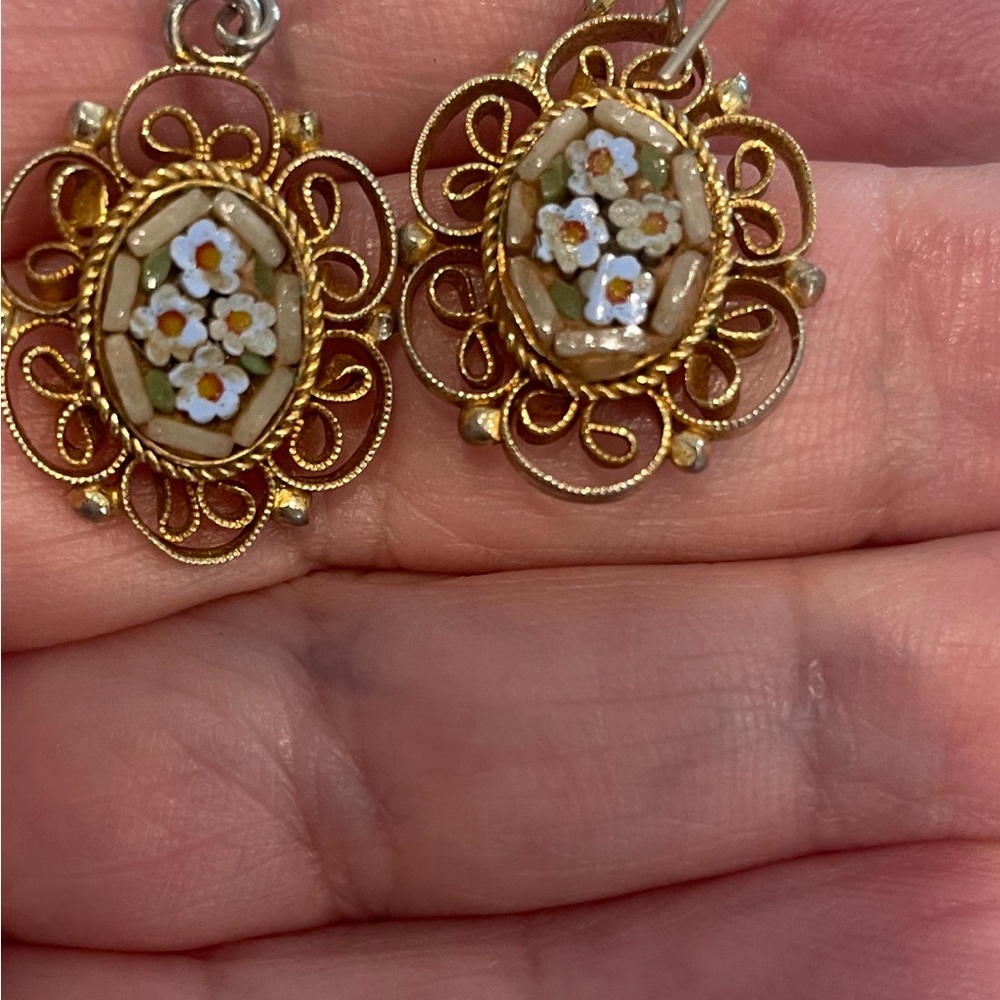 Vintage Micro Mosaic Victorian Filigree Earrings